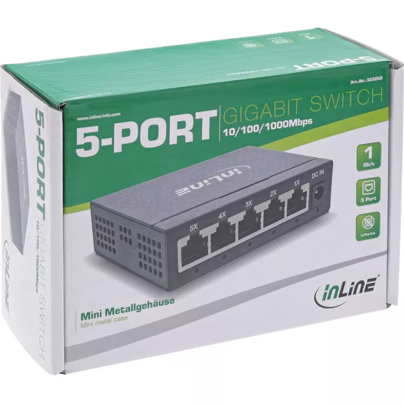 InLine Gigabit tinklo jungiklis 5 prievadų, 1Gb/s, stalinis, metalinis korpusas, be ventiliatoriaus