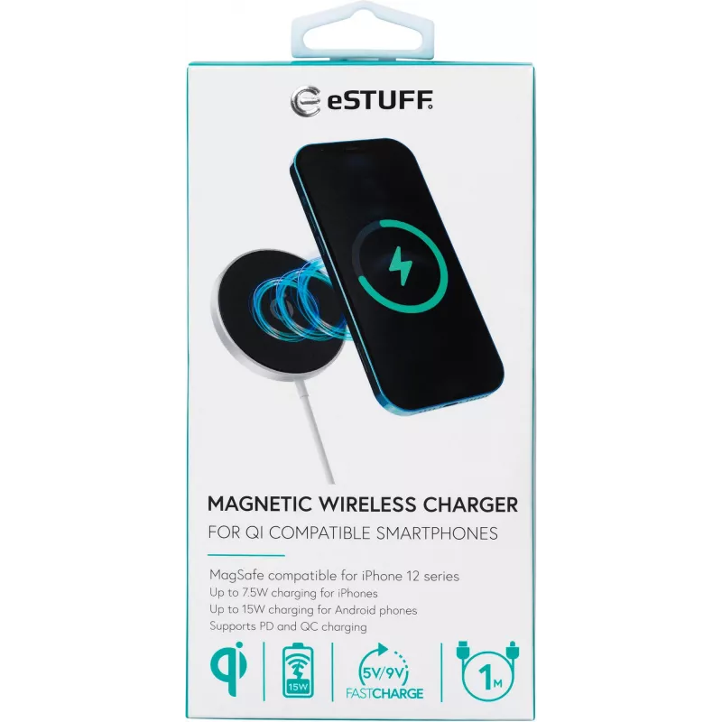 eSTUFF ES638100 belaidis įkroviklis mobiliesiems telefonams, aliuminis, 15 W, greitasis įkrovimas, Qi/MagSafe, 1,2 m laidas