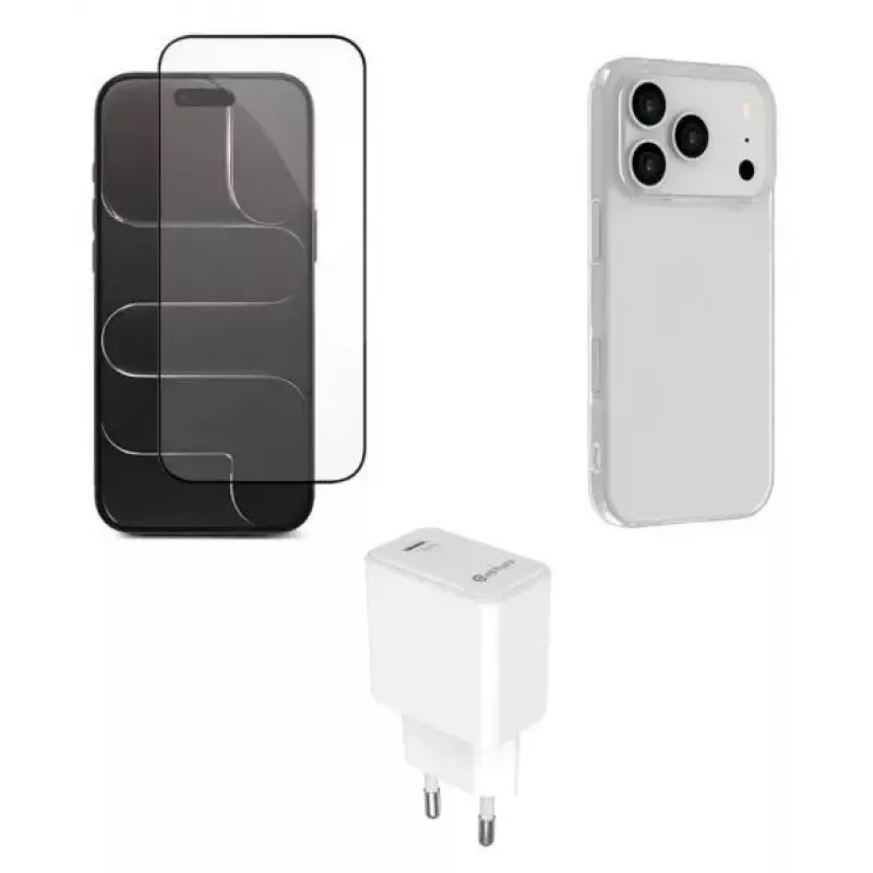 eSTUFF rinkinys iPhone 17 Pro Max telefonui (įkroviklis, dėklas, stiklas), ES-KIT-IPH17PROMAX
