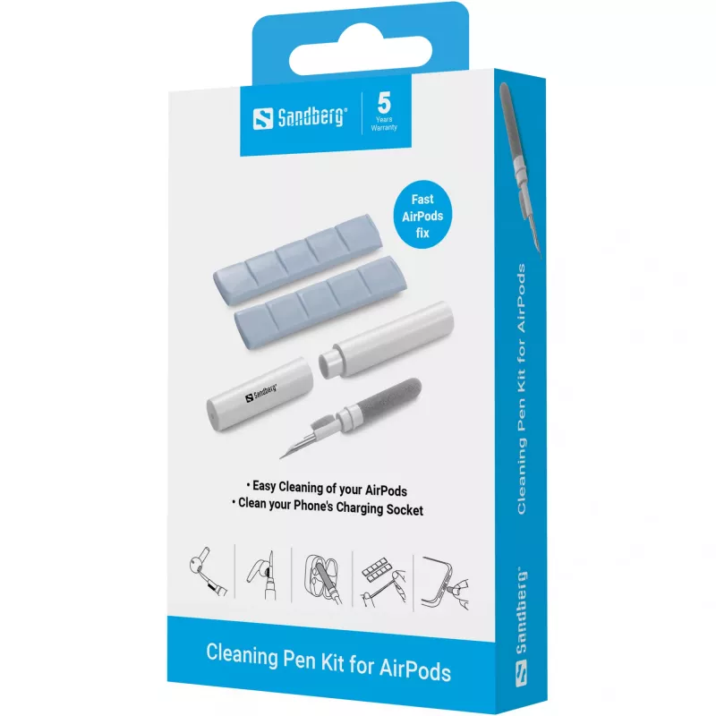 Valymo rinkinys Sandberg Cleaning Pen Kit, skirtas AirPods, pilkai baltas
