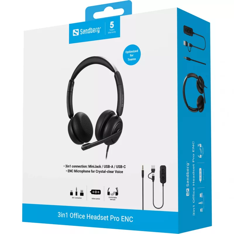 Laidinės ausinės Sandberg 3in1 Office Headset Pro ENC 20-20000 Hz