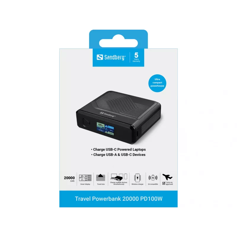 Nešiojamas įkroviklis Sandberg Travel Powerbank 20000 PD100W, 20000 mAh