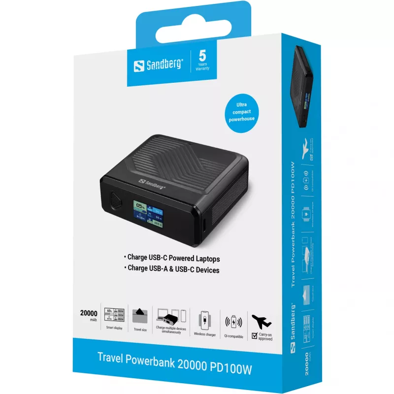 Nešiojamas įkroviklis Sandberg Travel Powerbank 20000 PD100W, 20000 mAh