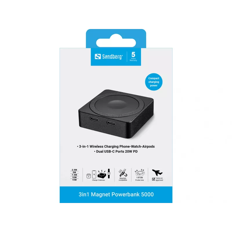 Nešiojama baterija Sandberg 3in1 Magnet Powerbank 5000, 5000 mAh