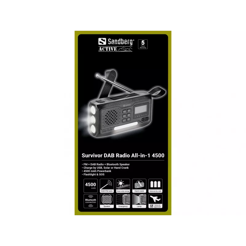 Nešiojamas radijas SANDBERG Survivor DAB Radio All-in-1 4500 — DAB+/FM, 87,5–108 MHz, 3 W RMS, USB-A & USB-C, 4500 mAh baterija