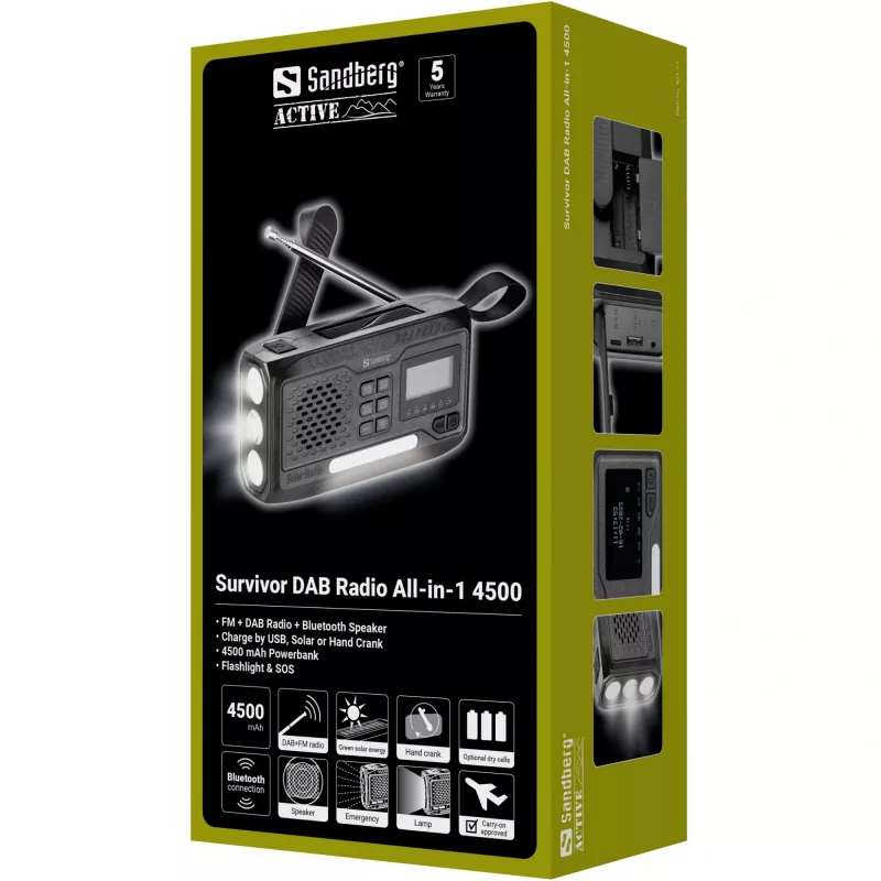 Nešiojamas radijas SANDBERG Survivor DAB Radio All-in-1 4500 — DAB+/FM, 87,5–108 MHz, 3 W RMS, USB-A & USB-C, 4500 mAh baterija