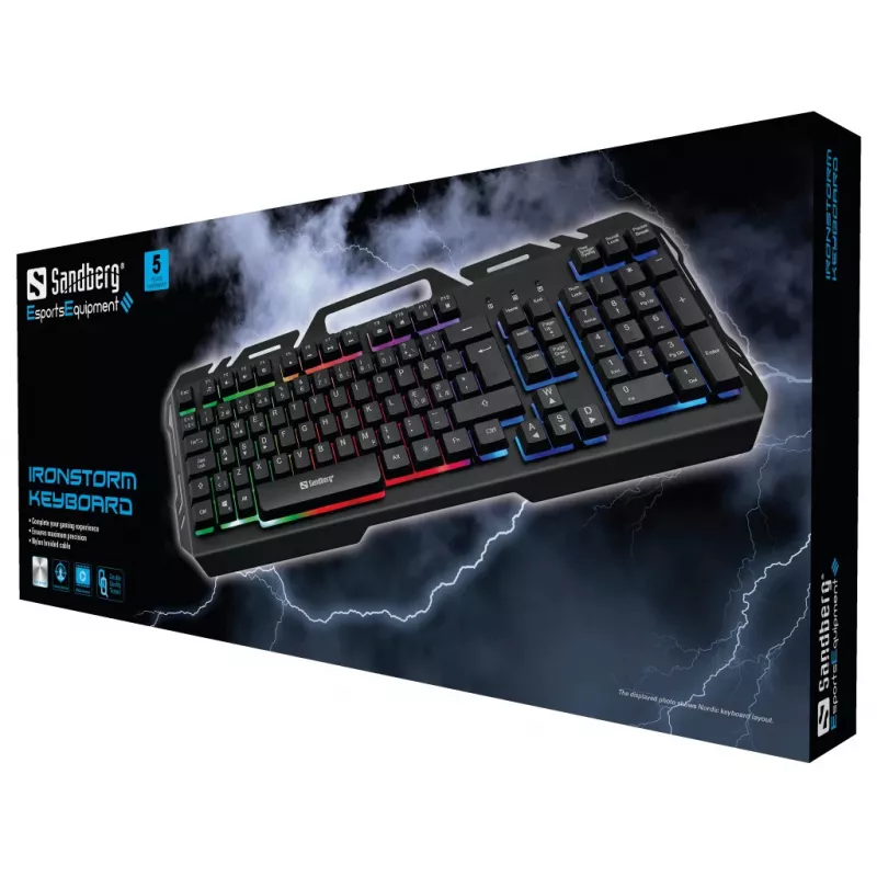 Sandberg IronStorm Keyboard BE – Pilno dydžio laido RGB klaviatūra su AZERTY išdėstymu