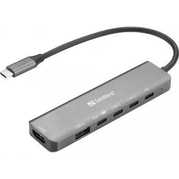 Docking stotelė SANDBERG USB-C 6-in-1 MediaDock — USB 3.2 Gen 1 Type-C 10 Gbit/s, 4K HDMI, PD iki 100W, 1×USB-A, 1×USB2.0, pilka