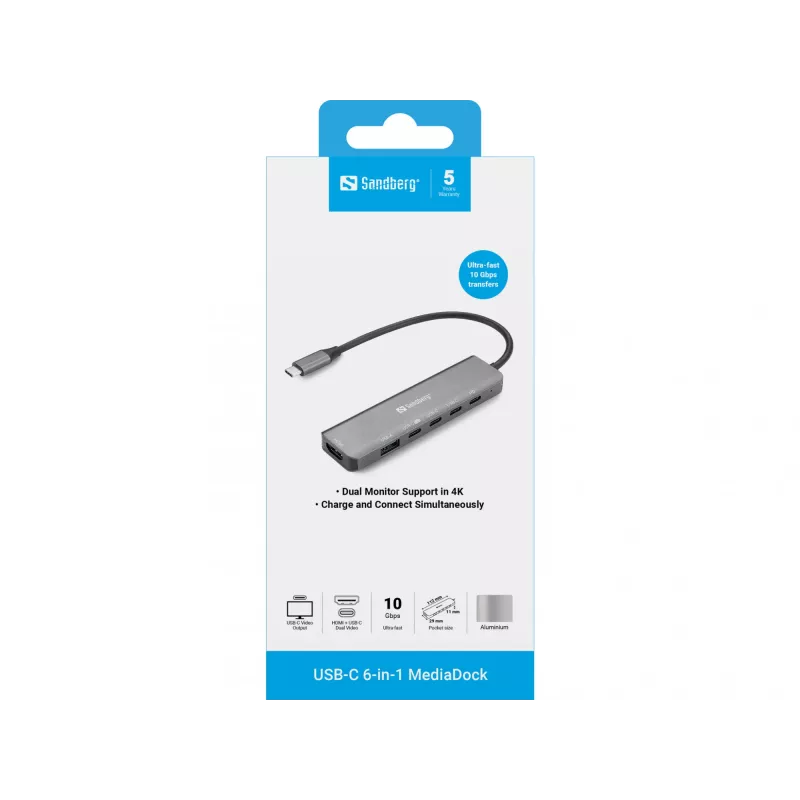 Docking stotelė SANDBERG USB-C 6-in-1 MediaDock — USB 3.2 Gen 1 Type-C 10 Gbit/s, 4K HDMI, PD iki 100W, 1×USB-A, 1×USB2.0, pilka