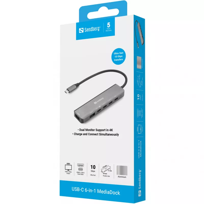 Docking stotelė SANDBERG USB-C 6-in-1 MediaDock — USB 3.2 Gen 1 Type-C 10 Gbit/s, 4K HDMI, PD iki 100W, 1×USB-A, 1×USB2.0, pilka