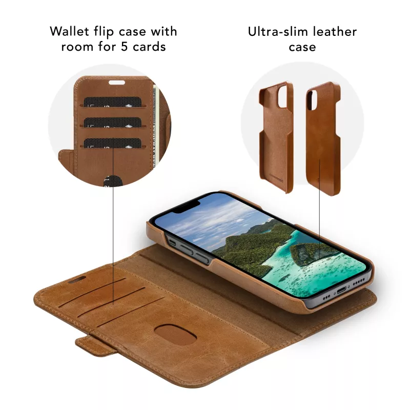 Dėklas su pinigine dbramante1928 Lynge iPhone 14 Plus Tan 3 kortelių kišenės