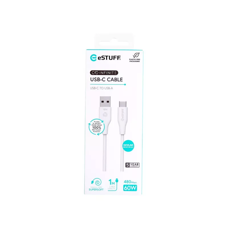 USB laidas eSTUFF ES605170 1 m USB C į USB A USB 2.0 baltas
