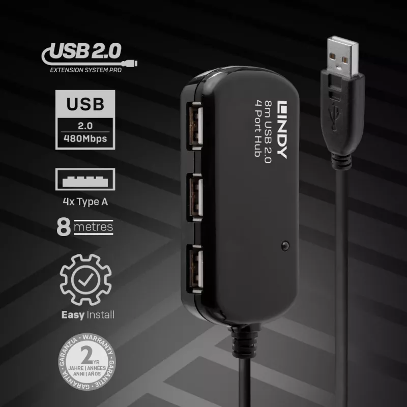 Lindy 8m USB 2.0 aktyvus ilginimo šakotuvas Pro Hub