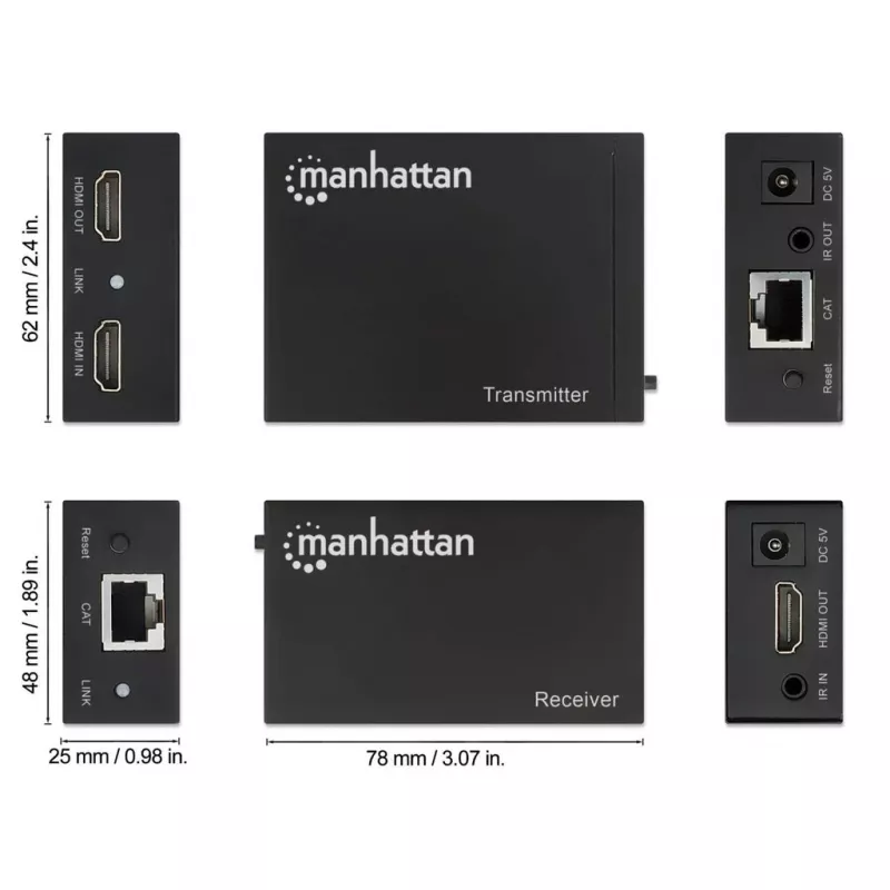 Manhattan HDMI 1080p prailginimo rinkinys per Ethernet, iki 50 m su vienu Cat6 kabeliu, Tx ir Rx moduliai, IR palaikymas, trejų metų garantija