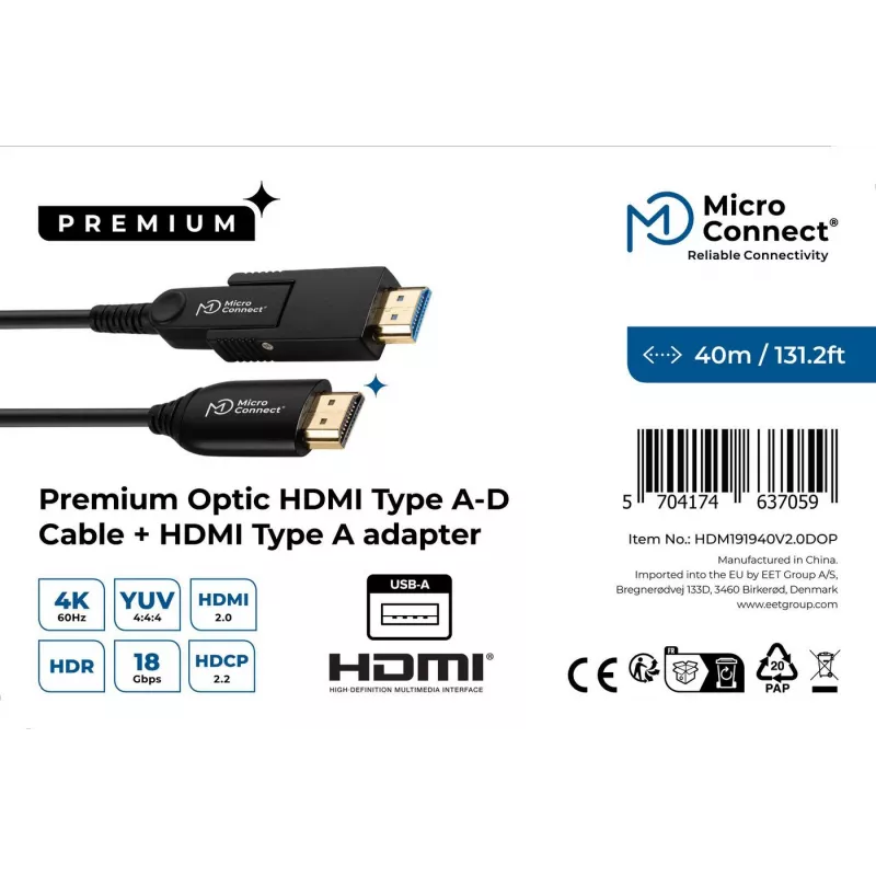 Microconnect Premium Optic HDMI A-D laidas 40m 2.0 3D 18Gbit/s