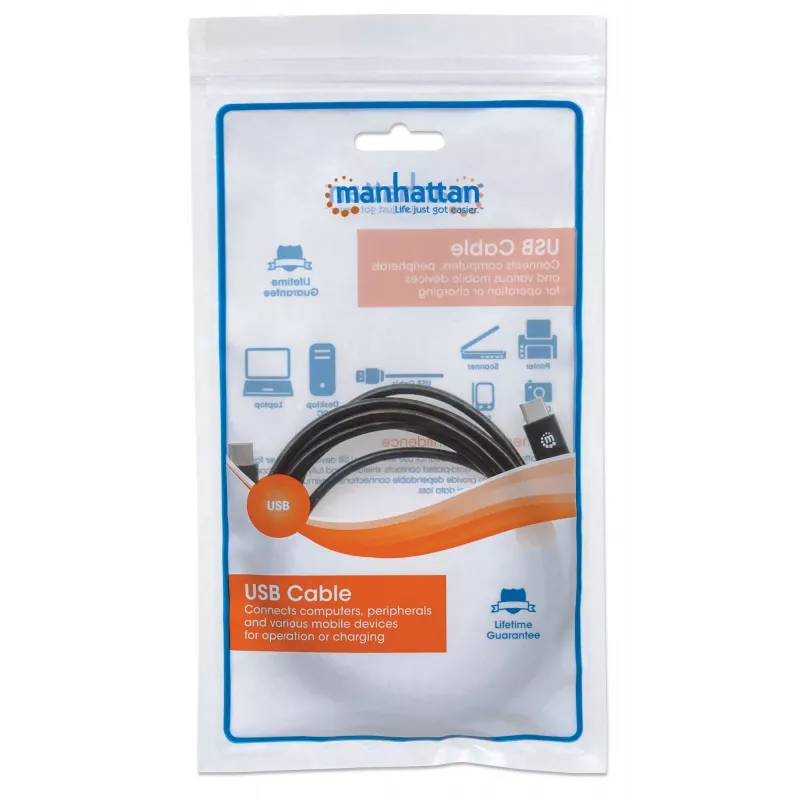 Manhattan USB-C į USB-C laidas, 2 m, vyriškas į vyrišką, juodas, 480 Mbps (USB 2.0), 3A, greitasis USB, viso gyvenimo garantija