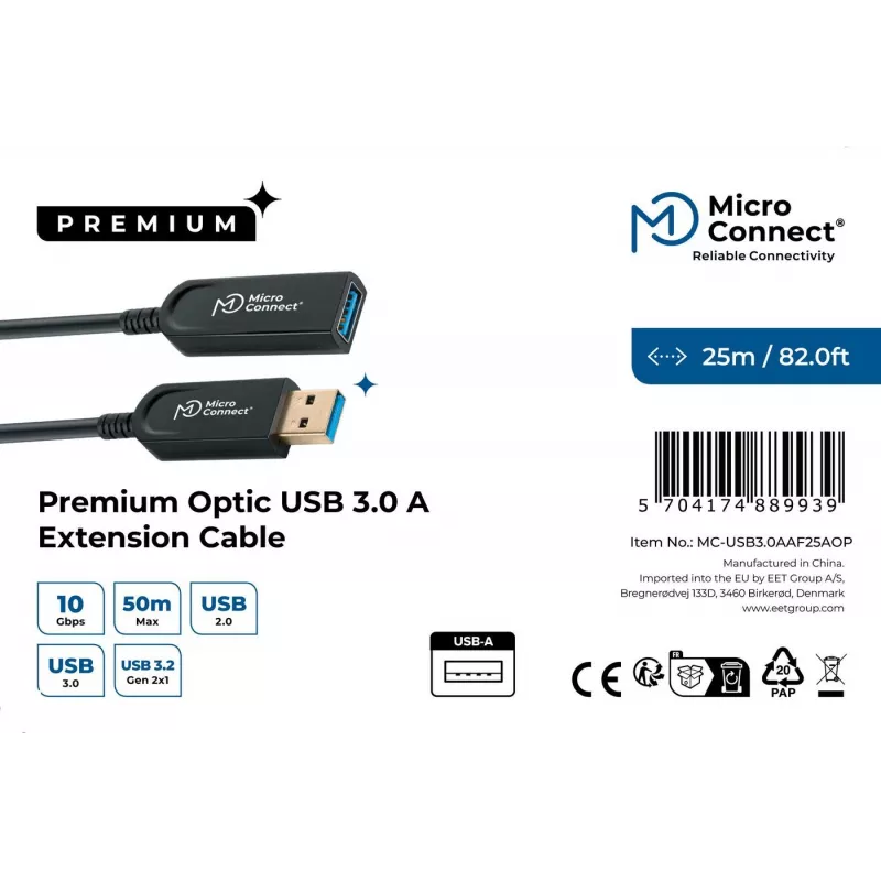 Microconnect MC-USB3.0AAF25AOP USB laidas USB 3.2 Gen 2 (3.1 Gen 2) 25 m USB A juodas