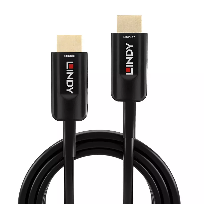 Hibridinis šviesolaidinis HDMI laidas Lindy 15 m, Ultra High Speed 48 Gbit/s, HDMI 2.1, paauksuotomis jungtimis, juodas