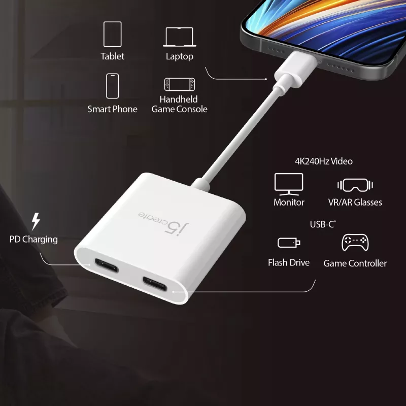 USB-C į dvigubą USB-C adapteris j5create JCA164-N 3840x2160 240Hz