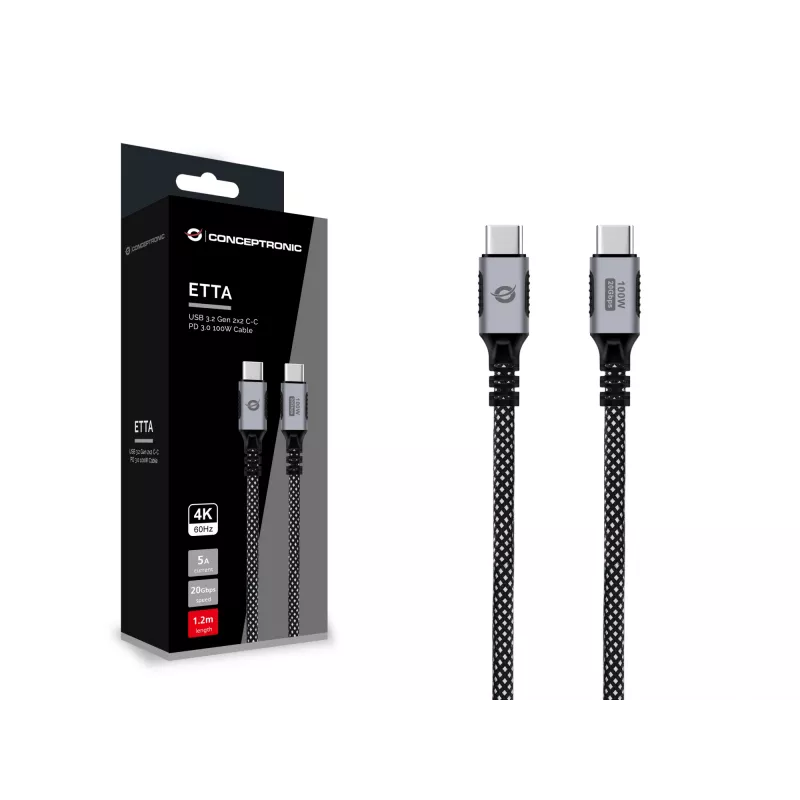 CONCEPTRONIC USB-C į USB-C laidas ETTA07B12 — USB 3.2 Gen 2x2, 1,2 m, 20 Gbps, PD 3.0 100W (20V/5A), 4K60Hz, juodas, E‑Mark