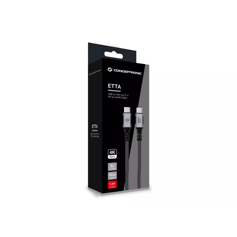 CONCEPTRONIC USB-C į USB-C laidas ETTA07B12 — USB 3.2 Gen 2x2, 1,2 m, 20 Gbps, PD 3.0 100W (20V/5A), 4K60Hz, juodas, E‑Mark