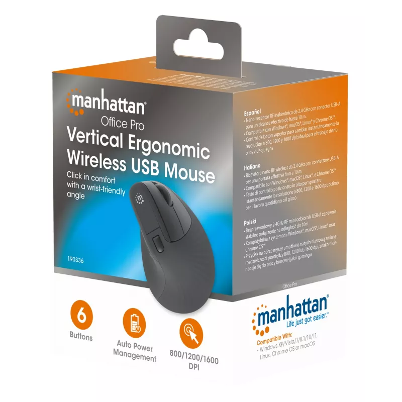Belaidė vertikali ergonominė pelė Manhattan, RF, dešinei rankai