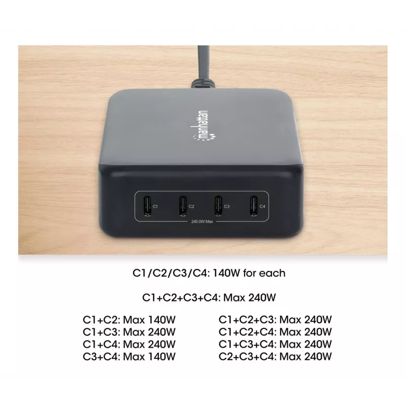 Kroviklis Manhattan Four USB-C PD 140W vienam prievadui, 240W bendrai