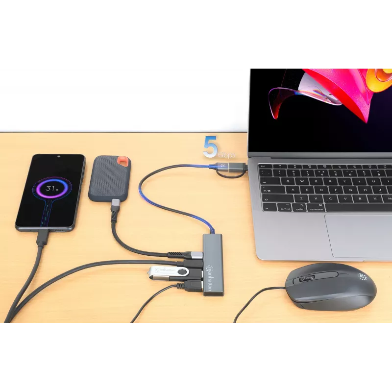 USB-C ir USB-A jungčių šakotuvas Manhattan 4 prievadai 5 Gbps aliuminis
