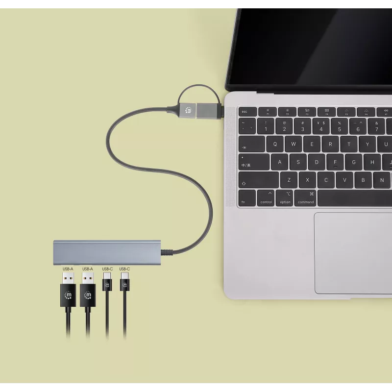 USB-C ir USB-A jungčių šakotuvas Manhattan 4 prievadai 5 Gbps aliuminis