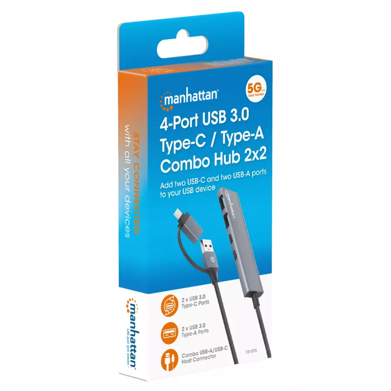 USB-C ir USB-A jungčių šakotuvas Manhattan 4 prievadai 5 Gbps aliuminis