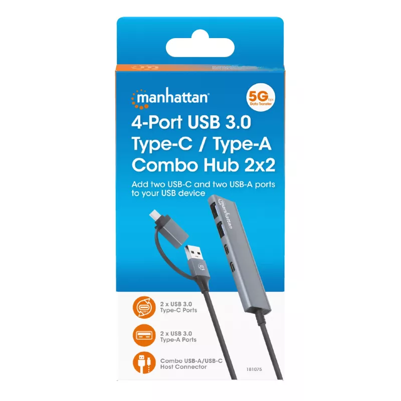 USB-C ir USB-A jungčių šakotuvas Manhattan 4 prievadai 5 Gbps aliuminis