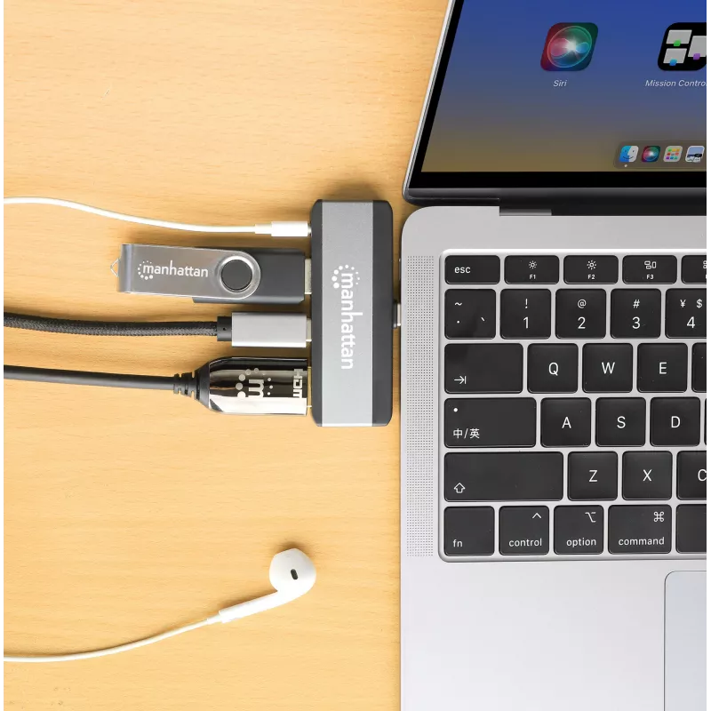 Manhattan 190404 USB-C PD į HDMI mobili 4 viename doko stotelė, USB 3.2 Gen 2, 10 Gbit/s, 4K, 100 W PD, pilka