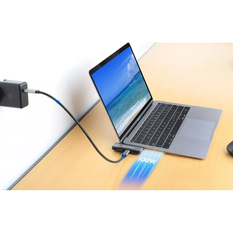 Manhattan 190404 USB-C PD į HDMI mobili 4 viename doko stotelė, USB 3.2 Gen 2, 10 Gbit/s, 4K, 100 W PD, pilka
