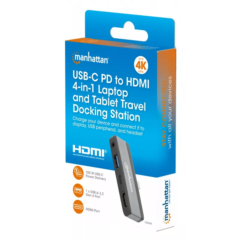 Manhattan 190404 USB-C PD į HDMI mobili 4 viename doko stotelė, USB 3.2 Gen 2, 10 Gbit/s, 4K, 100 W PD, pilka