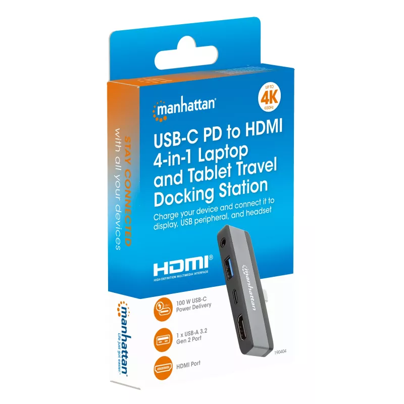 Manhattan 190404 USB-C PD į HDMI mobili 4 viename doko stotelė, USB 3.2 Gen 2, 10 Gbit/s, 4K, 100 W PD, pilka