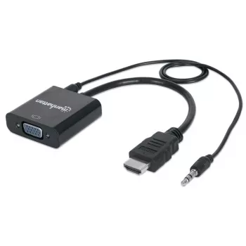 Manhattan HDMI į VGA keitiklio kabelis (su garsu), 1080p, 30 cm, Vyriškas į Moterišką, Micro-USB maitinimo įvestis, Juodas, Trejų metų garantija