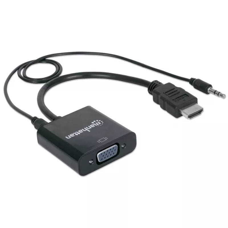 Manhattan HDMI į VGA keitiklio kabelis (su garsu), 1080p, 30 cm, Vyriškas į Moterišką, Micro-USB maitinimo įvestis, Juodas, Trejų metų garantija
