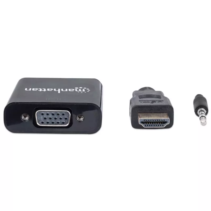 Manhattan HDMI į VGA keitiklio kabelis (su garsu), 1080p, 30 cm, Vyriškas į Moterišką, Micro-USB maitinimo įvestis, Juodas, Trejų metų garantija