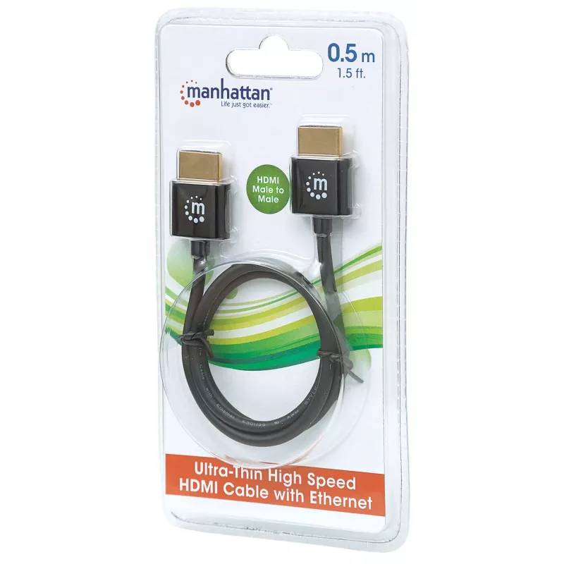Manhattan HDMI laidas su Ethernet (ypač plonas), 4K@60Hz (Premium High Speed), 0,5 m, Kištukas-Kištukas, Juodas, Ultra HD 4k x 2k, Visiškai ekranuotas, Auksuoti kontaktai, Viso gyvenimo garantija