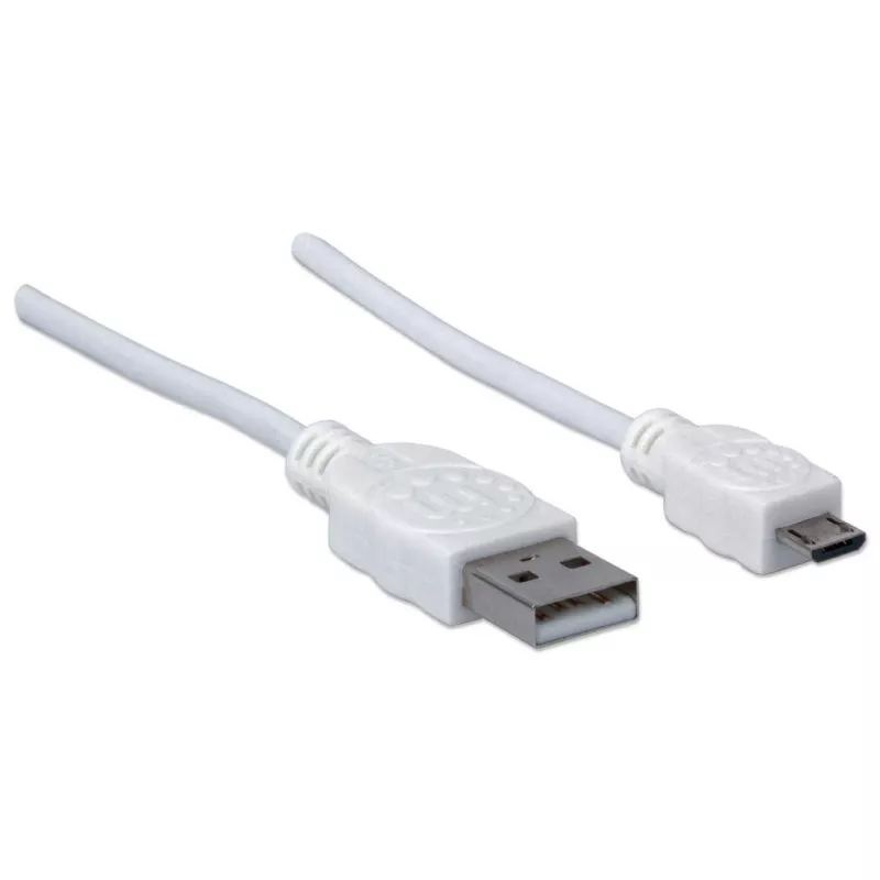 Manhattan USB-A į Micro-USB laidas, 1 m, vyriškas į vyrišką, baltas, 480 Mbps (USB 2.0), Hi-Speed USB, viso gyvenimo garantija, atitikmuo USBPAUB1MW