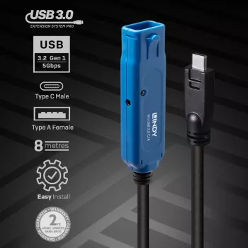 Lindy 43381 USB 3.2 Gen 1 aktyvus ilginamasis laidas USB-C – USB-A, 8 m, juoda/mėlyna