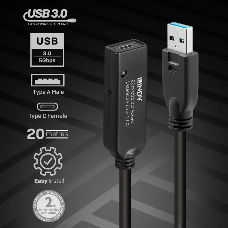Lindy 20 m USB 3.0 aktyvus prailginimo kabelis USB A – USB C