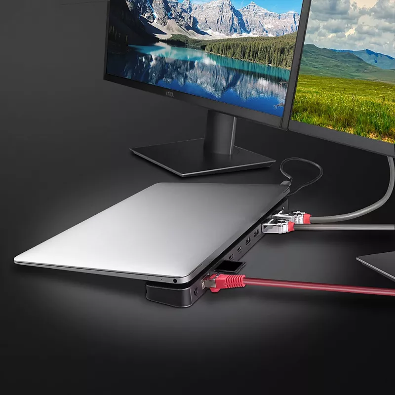 Lindy DST-Mini XT 810, USB-C nešiojamojo kompiuterio mini dokų stotelė su vienu 8K arba dviem 4K60 ekranais ir 100 W įkrovimo perdavimu