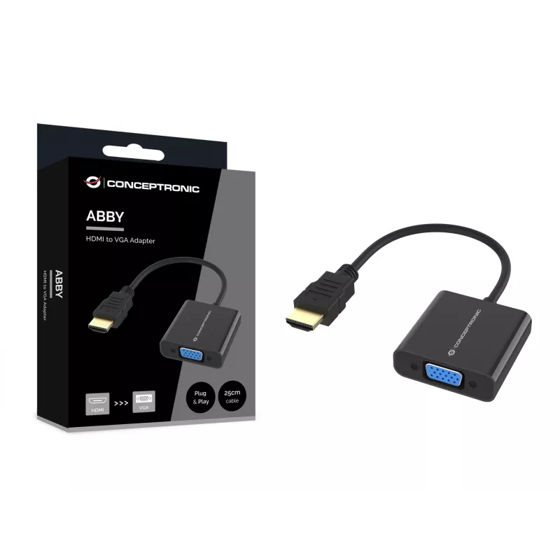 Conceptronic ABBY20B HDMI į VGA adapteris, 0,25 m, HDMI A tipo (standartinis), VGA (D-Sub), kištukas, lizdas, tiesus