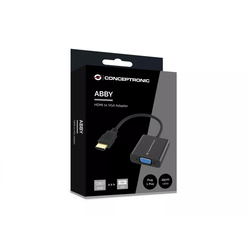 Conceptronic ABBY20B HDMI į VGA adapteris, 0,25 m, HDMI A tipo (standartinis), VGA (D-Sub), kištukas, lizdas, tiesus
