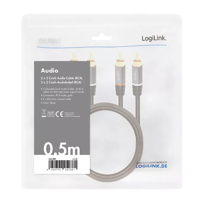 LogiLink CA1201 garso laidas 0,5 m 2 x RCA juodas