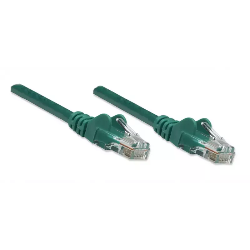 Intellinet tinklo kabelis Cat5e, 0,5 m, žalias, CCA, U/UTP, PVC, RJ45, auksuoti kontaktai, apsauga nuo užkabinimo, su gaubtuvu, visam gyvenimui garantija
