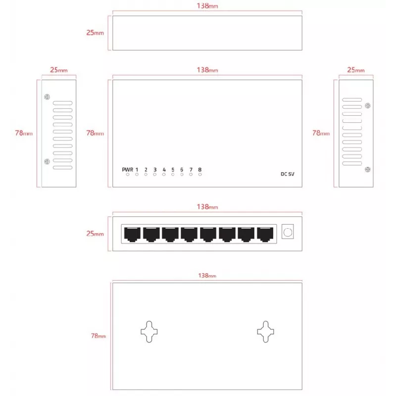 Lanview LVN-DESK-8PORT-1G — 8 prievadų 1 Gbps Ethernet stalinis jungiklis