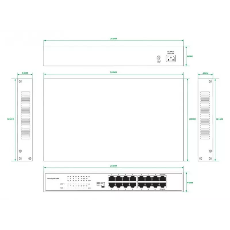 Nevaldomas tinklo jungiklis Lanview LVN-1U-16PORT-1G, 16 prievadų, 1 Gbps, Ethernet, montuojamas stelaže 1U