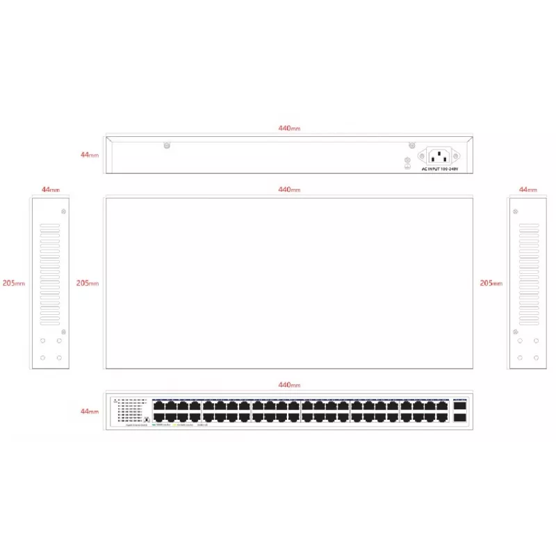 Lanview nevaldomas perjungiklis LVN-1UMOUNT-48PORT-2SFP-1G — 48x RJ45 1G prievadai, 2x SFP jungtys